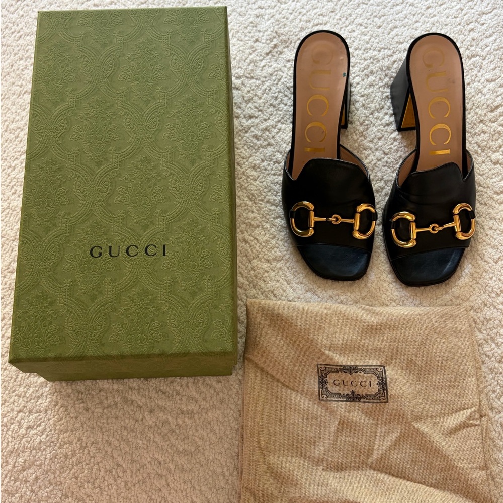 Gucci Black Leather Horsebit Block Heel Mules - Size 37 - Picture 9 of 10